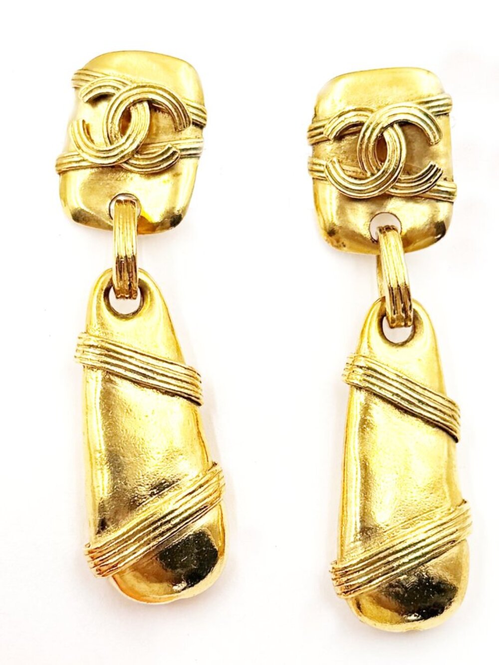 Chanel Rare Vintage Gold Plated CC Rectangle Tear Drop Stripe Large Earrings
